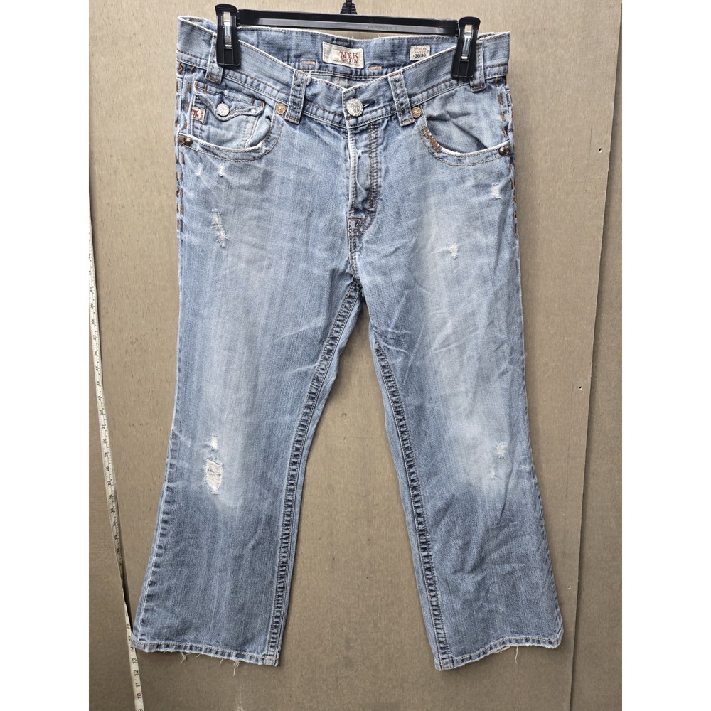 MEK Denim Durham Boot Cut Jeans Mens 36x30 Distressed Studded Flap Pocket Y2K